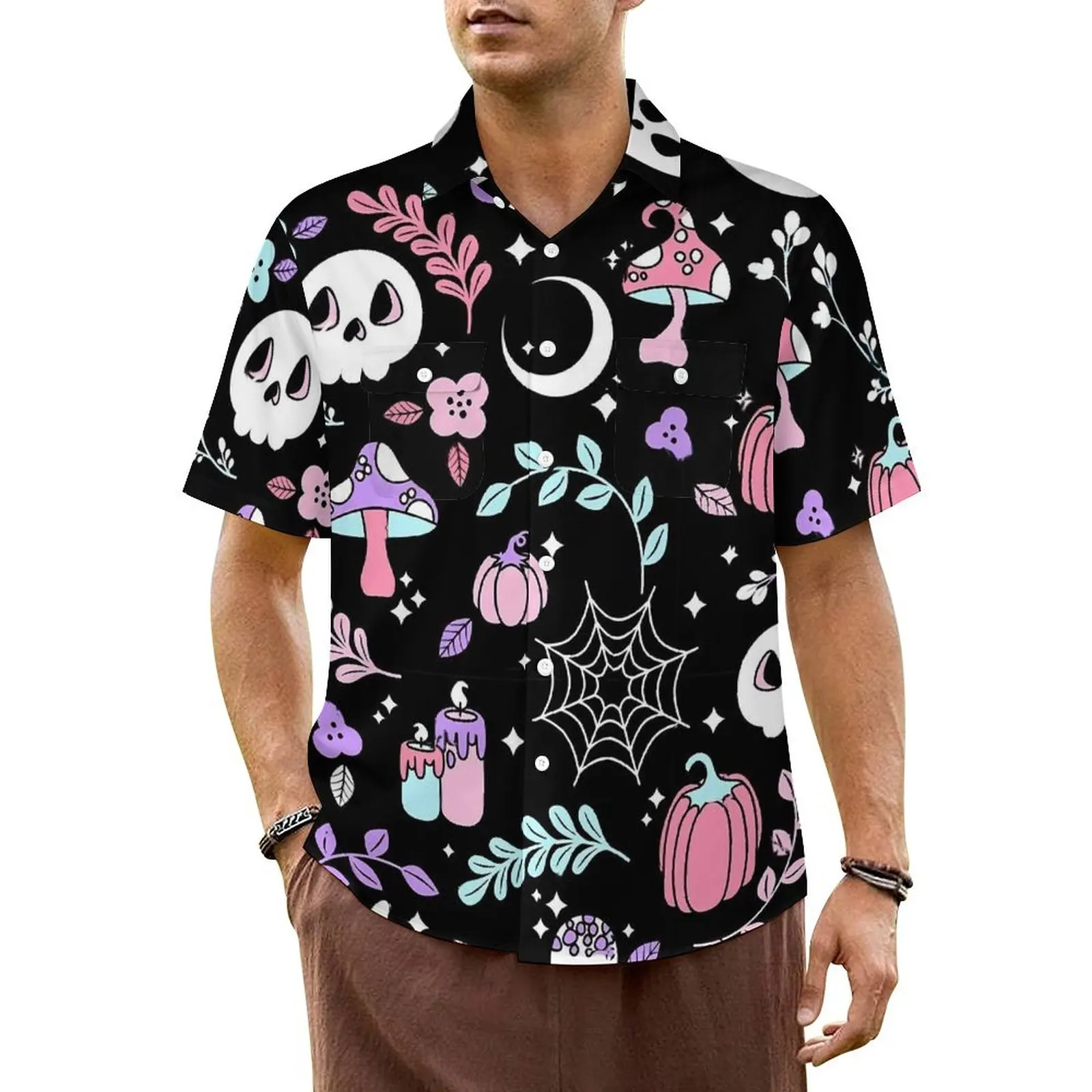 Happy Haunts Beach Shirt Halloween Ghost Hawaii Casual Shirts Mens Cool Blouses Short-Sleeve Y2K Street Graphic Clothing