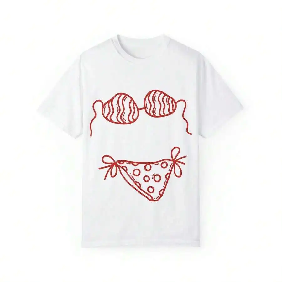 Camiseta Oversize de Algodón con Estampado de Doodle de Bikini para Mujer, Manga Corta