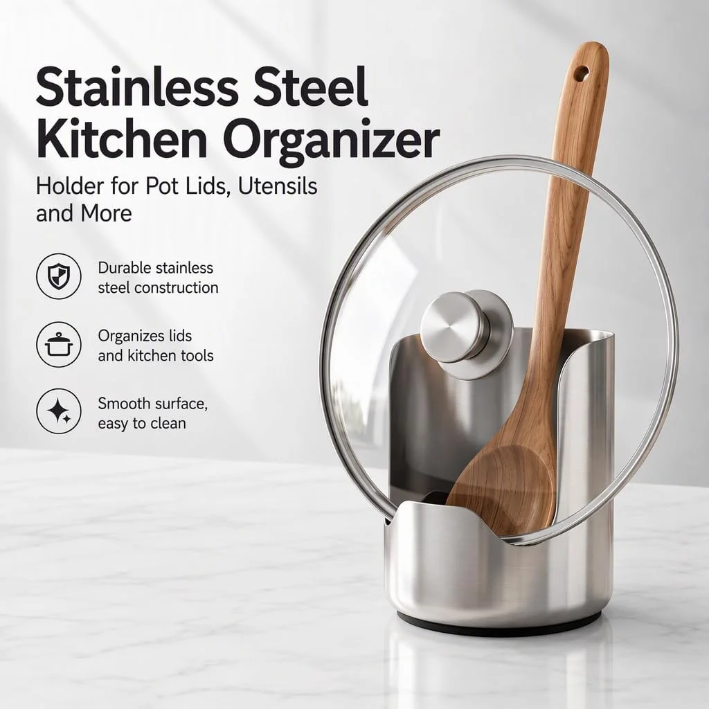 Multi-functional Kitchen Utensil Holder, Stainless Steel Pot Lid & Spoon Rack, Space‑Saving Organizer for Spatula Ladle Pot Lid