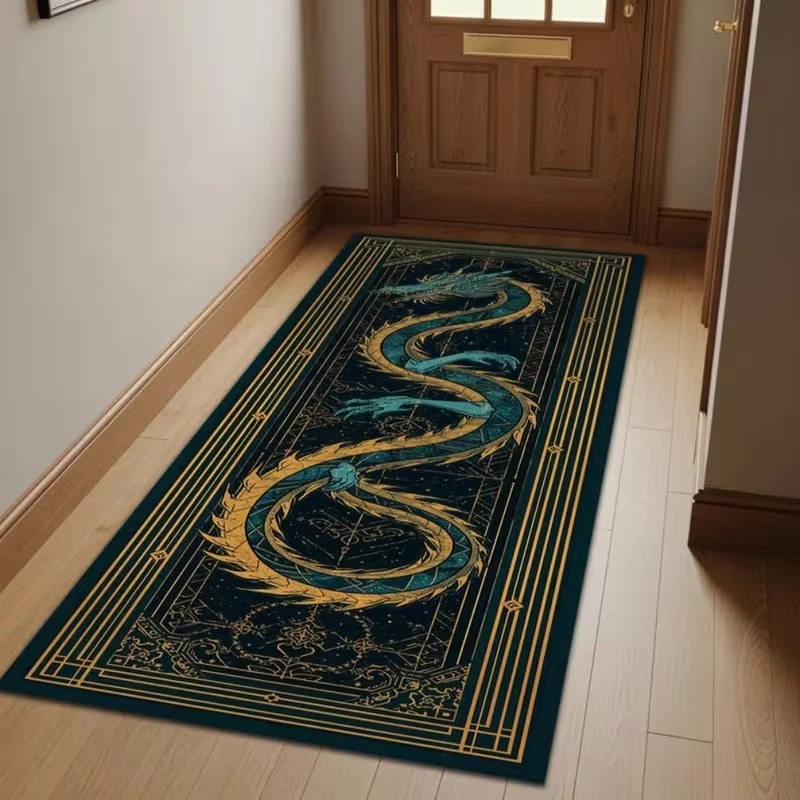 Extra Long riental Golden Dragon Mat Floor Mat for Hallway, Living Room, Entryway Non-Slip Mat, Elegant for home Decor Gift fo
