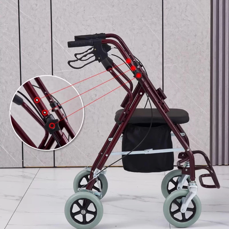 Foldable 4-Wheel Senior Shopping Cart with Seat And Storage Basket Elderly Sit-and-Push Leisure Grocery Carrier for Market Visit