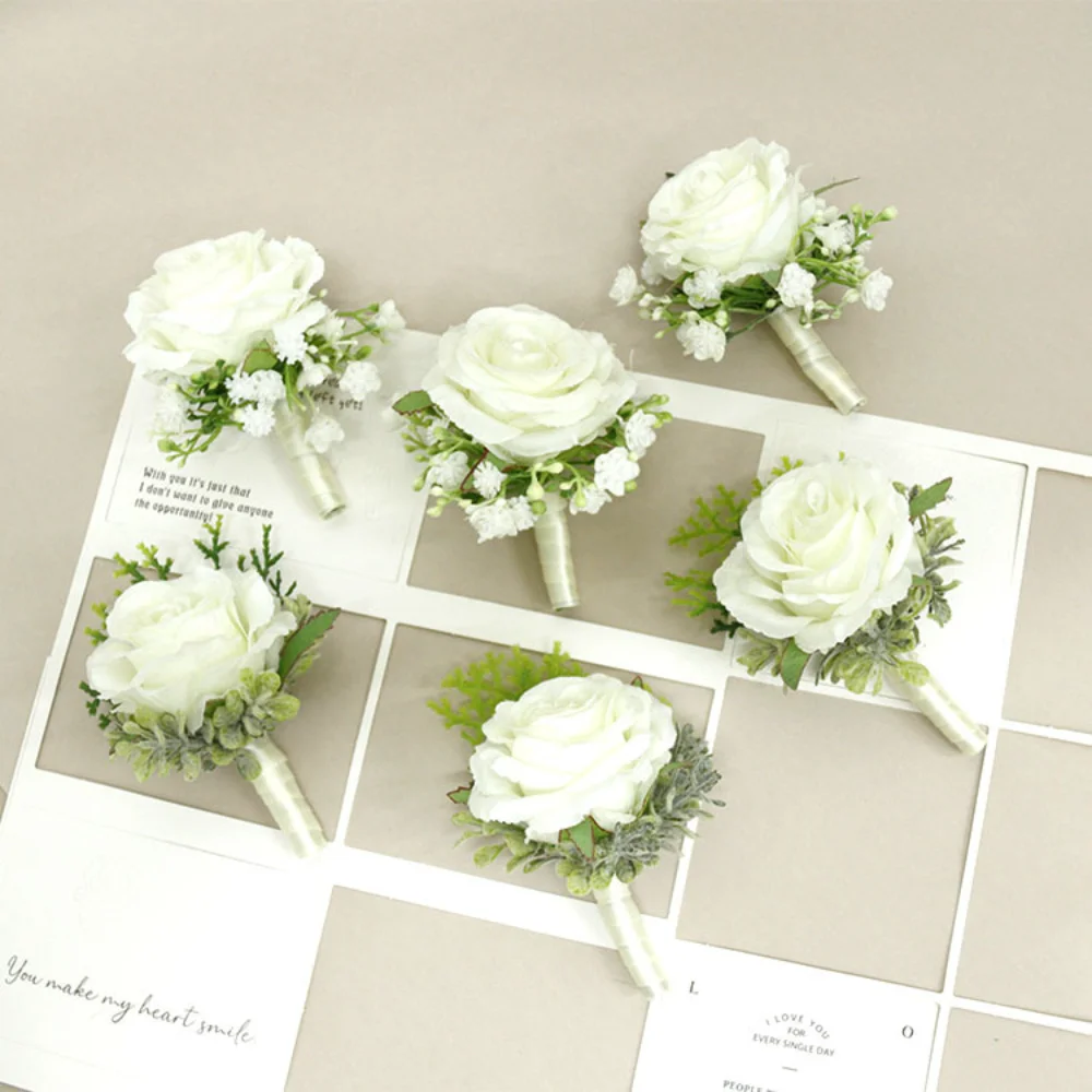 Witte Zijden Roos Bruiloft Boutonnieres Voor Mannen Spelden Kunstbloemen Bruidsmeisje Corsage Pols Bruids Accessoires De Mariage