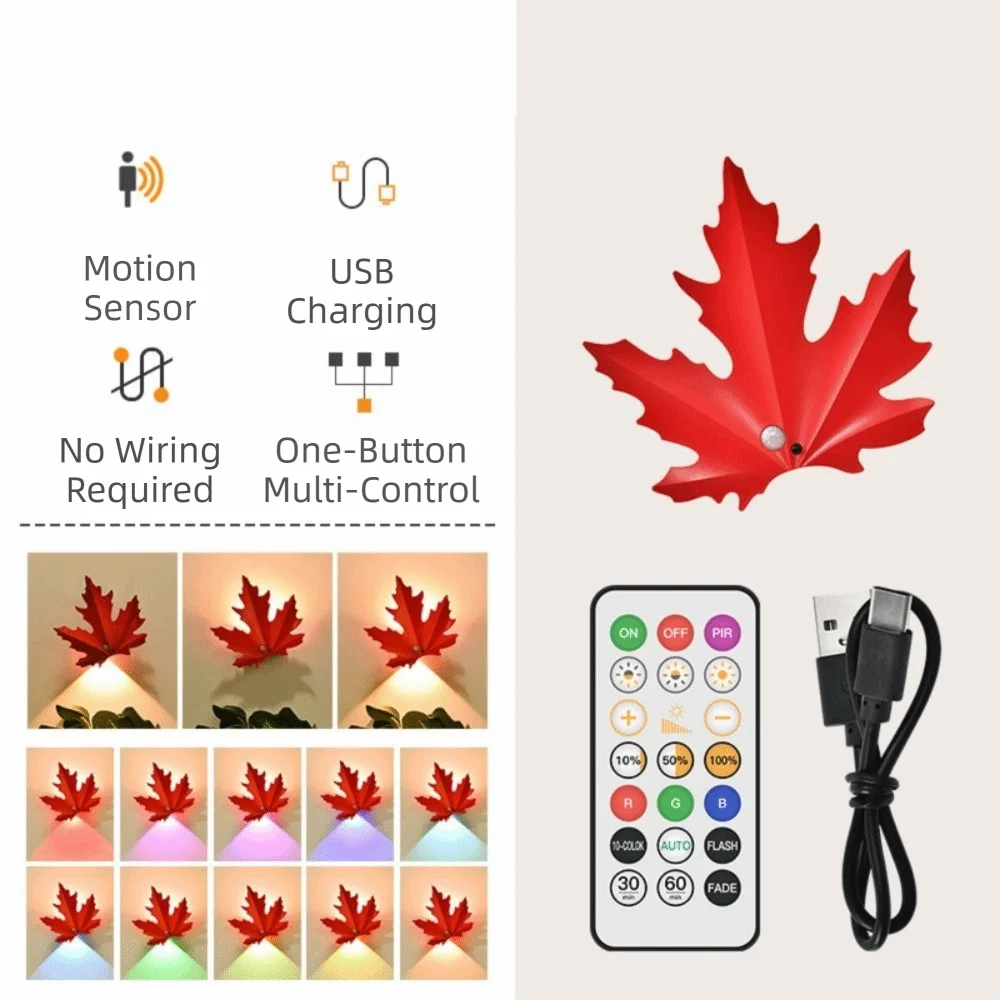 

Creative Maple Leaves Bedroom Remote Light Maple Leaves Shaped USB Rechargeable Outdoor Wall Spotlight Dimmable Wireless