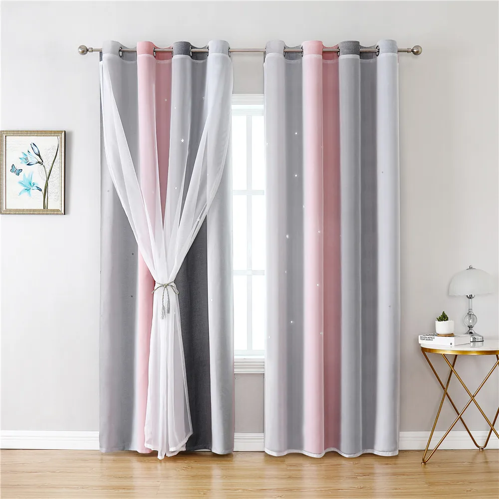 Blackout Stars Curtains for Kids Girls Bedroom Living Room Colorful Double Layer Star Stripe Gradient Window Curtain Decor