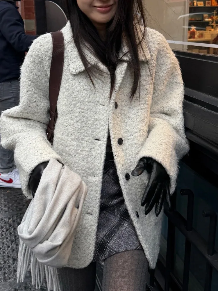 

Korean Sle Women's Fall Winter Fur Coat Loose Mid-Length Turn-down Collar Single Button Ele Classy Outerwear Jaet