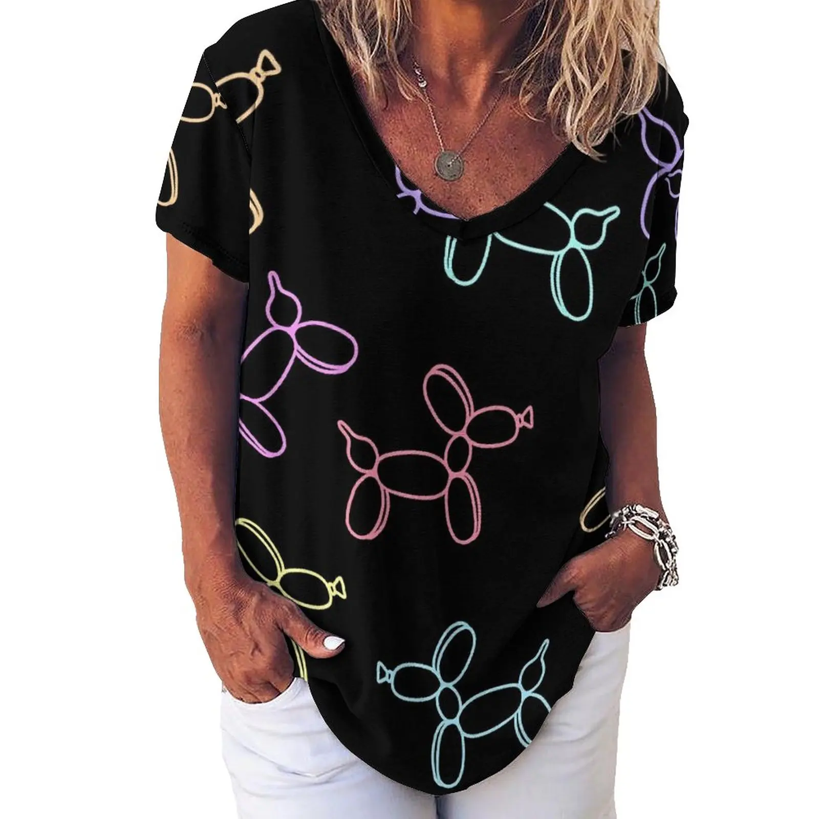 Balloon Dogs T-Shirt Colorful Animal Vintage V Neck T Shirts Short Sleeve Simple Tshirt Summer Custom Tops Big Size 2XL 3XL