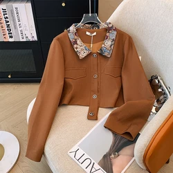 Spring and Autumn Plus Size Women's Brown Short Bear Lapel Coat Casual Loose Retro Long Sleeve Tops College Style Jacket