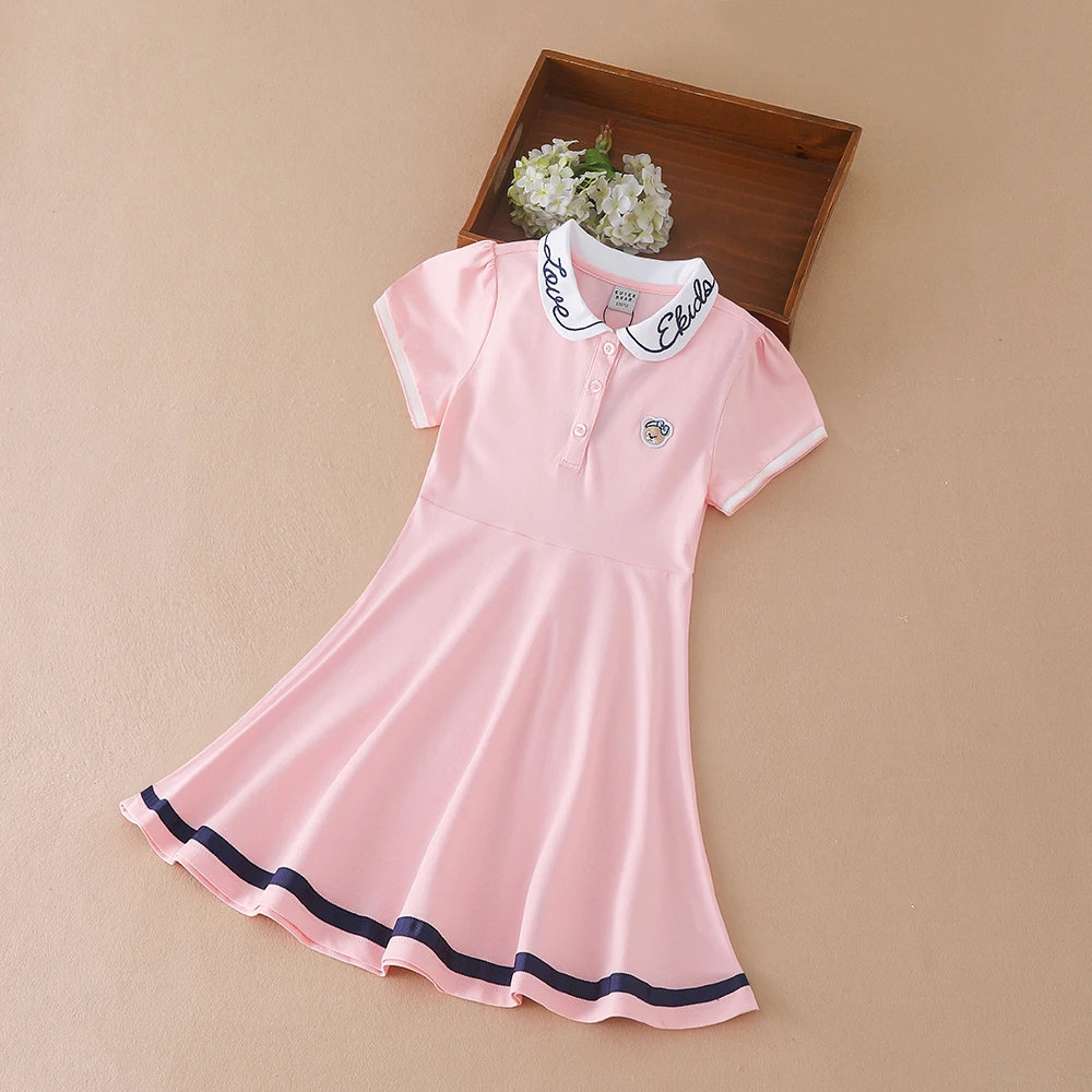 Girls Summer Dress 2024 Turn-Down Collar Clothes Children Preppy Style Embroidered School Sundress Kids 5-12 Years