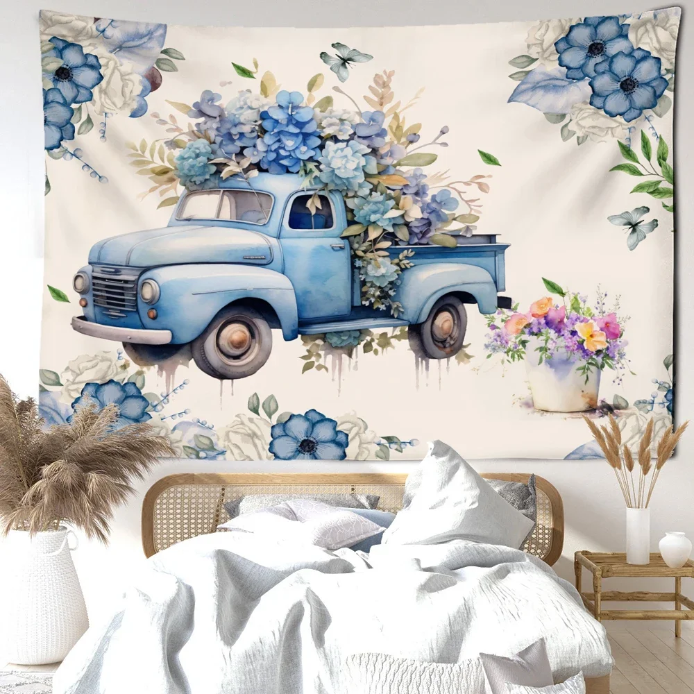 Blue Bouquet Car Tapestry Wall Hanging Minimalist Art Bohemian Hippie Ins Style Bedroom Living Room Home Decor