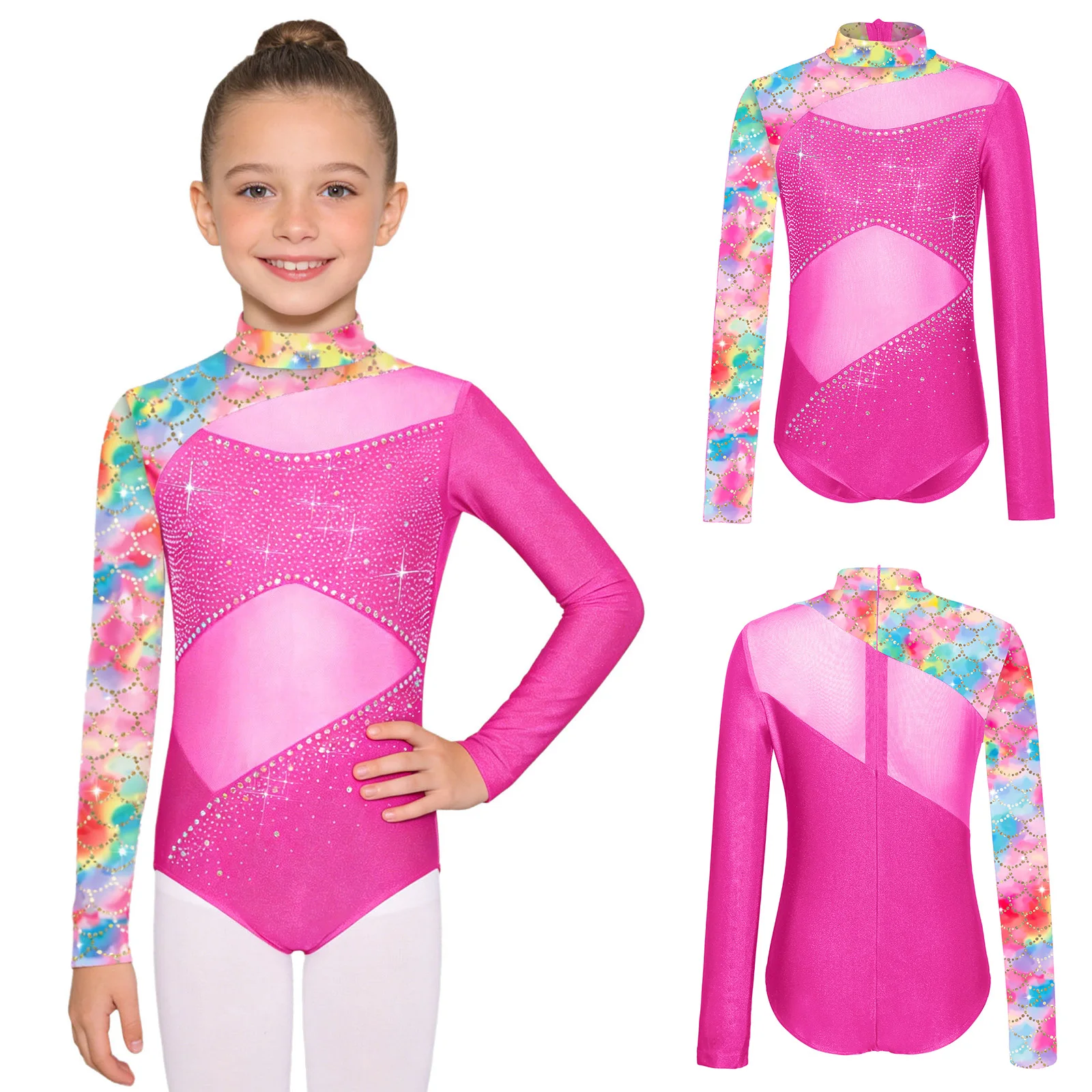 

Детский костюм для балета и гимнастики для девочек, блестящий, с блестящими стразами, с длинными рукавами, сетчатый, для фигурного катания и акробатики, с шортами