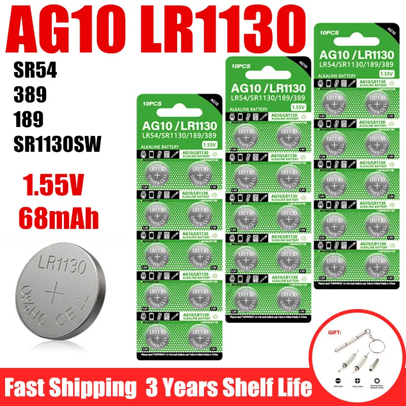 6-100PCS AG10 LR1130 Button Batteries SR54 389 189 SR1130 D189 LR54 G10A SR1130SW Cell Coin Watch Toys Remote Battery 1.55V