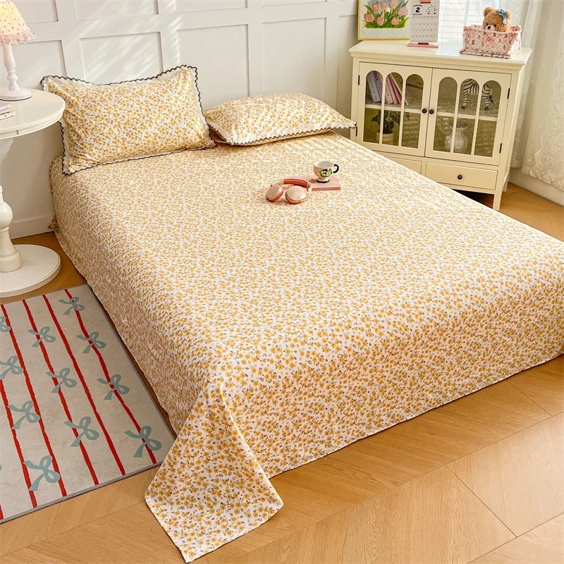 1 PC Yellow Flower Printed Flat Bed Sheet for Double Bed Super Soft Bed Cover Queen/King Size Top Sheets Sabanas Individuales