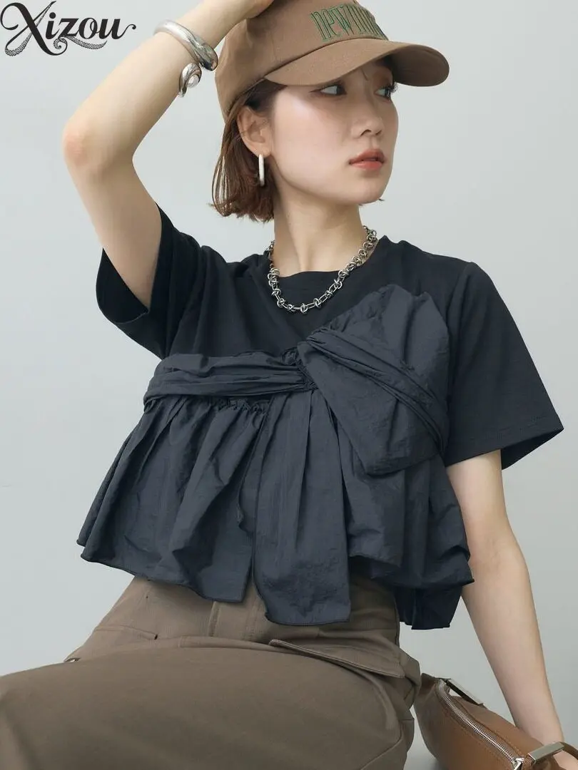 Round Neck Short Sleeve T-Shirt Fake Two-Piece Splice Knot Bow Summer Japanese Korean  High End Chic Youthful Elegant Women 2026