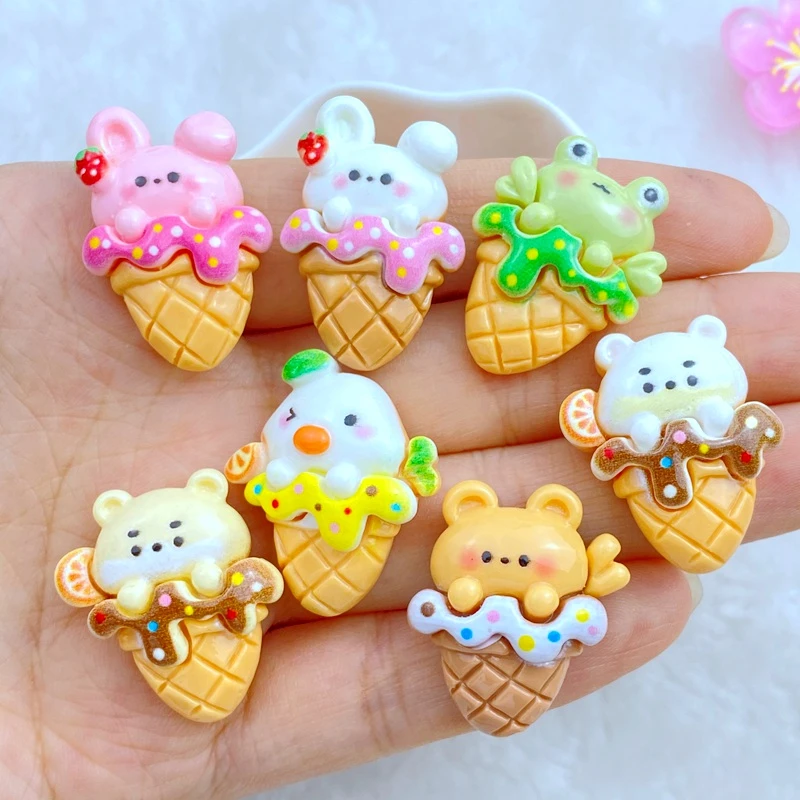 8Pcs New Cute Resin Mini Rabbit Frog Little Bear Ice Cream Flat Back Manicure Parts Embellishments For Hair Bows Accessories