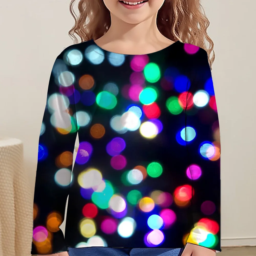 T-Shirt for Girls Tees Color Dots Clothes for Children from 1 to 12 Years Luminous Point Long Sleeve Spring Fashion Kids T-Shirt