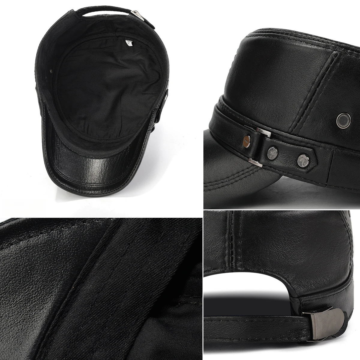 قبعة بيسبول مسطحة للخريف/الشتاء للرجال - قبعة كاجوال من جلد البقر الأصلي (56-60 سم) مع ديكور برشام #6