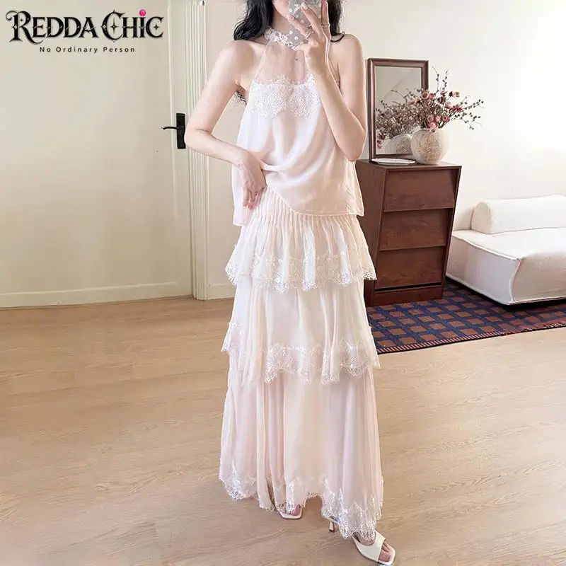 ReddaChic Fairycore Halter Top Maxi Skirt Women Matching Set Vacation Lace Trim Top Ruffled Skirt Wedding Guset Summer Clothes