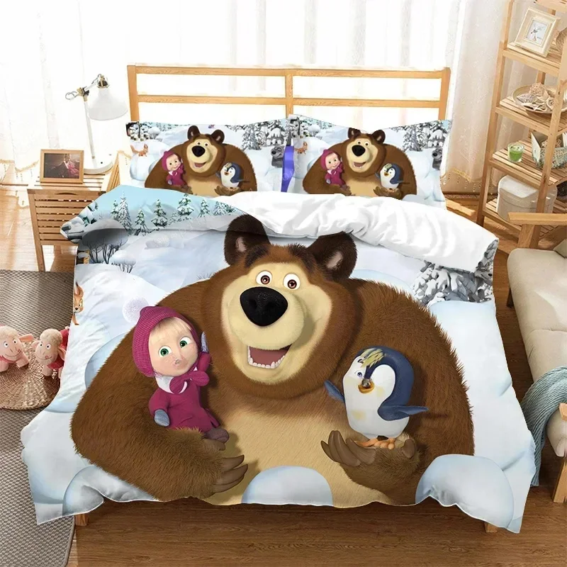 رائجة البيع ماشا والدب طقم سرير غطاء لحاف مع المخدة أنيمي ديكور غرفة نوم غطاء لحاف الفراش دعوى الاطفال هدية عيد الميلاد