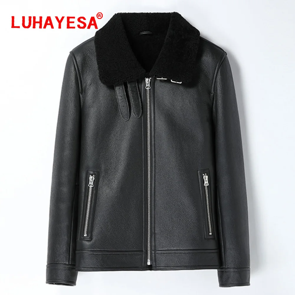 LUHAYESA 2022 New High Density Fur Shearling Jacket Men Warm Thicken Natural Sheepskin Fur Outerwear Real Fur Coats