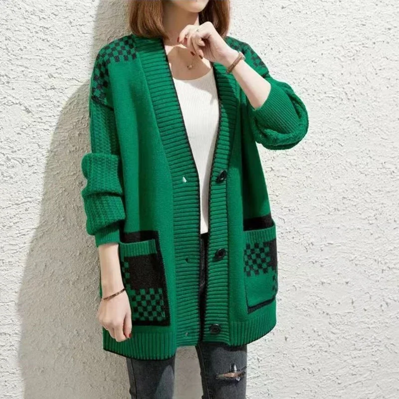 Autunno inverno Y2k monopetto lungo maglione donna tendenza di alta qualità allentato scollo a v plaid Cardigan lavorato a maglia cappotto femminile