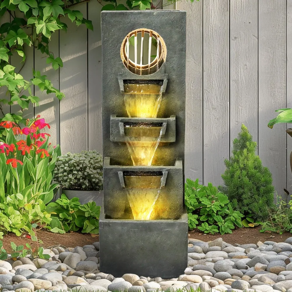 

39.3”H Modern Outdoor Waterfall Fountain - Tall Indoor Relaxing Floor Fountain Outdoor with Light&Pump, Customized
