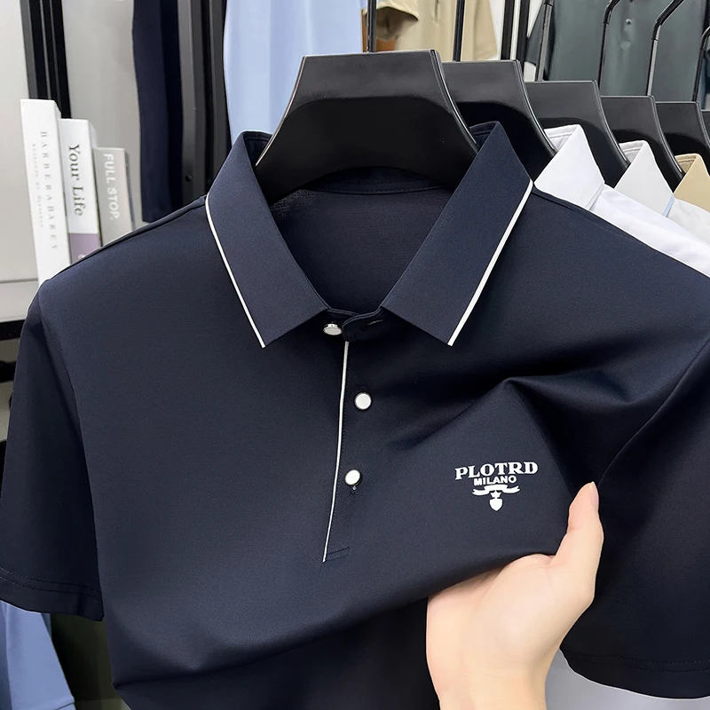 Luxury brand short sleeve summer polo shirt men's fashion ice silk breathable casual letter embossed high-end comfort T-shirt