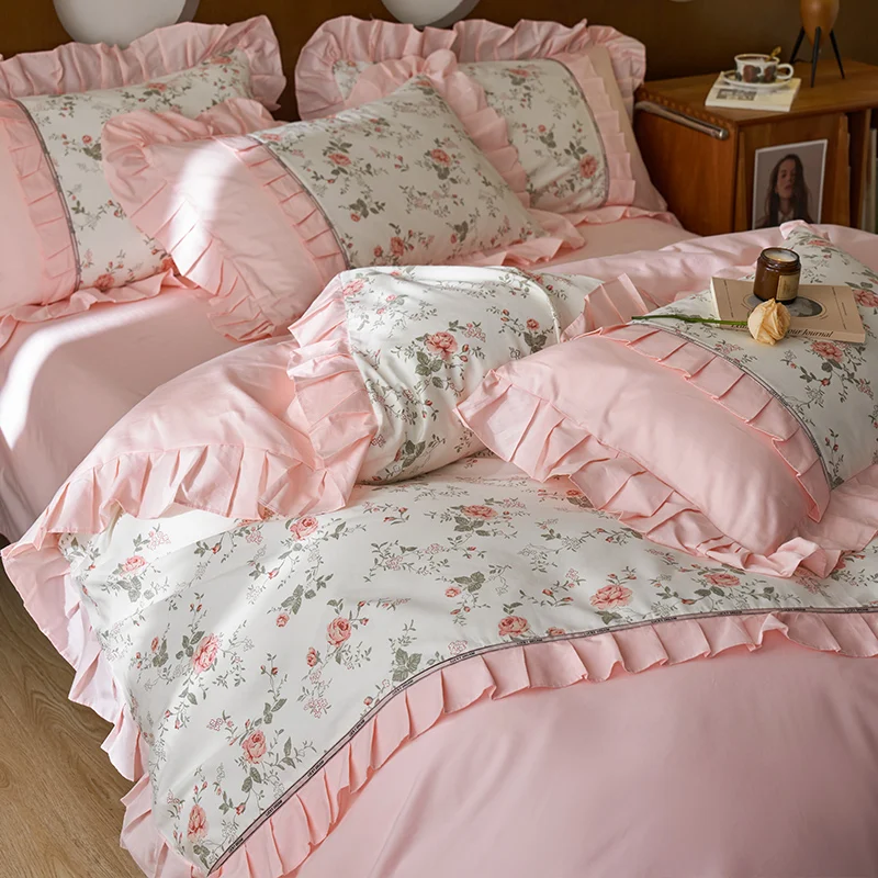 Rose Flowers Printing Bedding Set Korean Style Pink Princess 100% Cotton Ruffles Quilt/Duvet Cover Fitted Bed Sheet Pillowcases