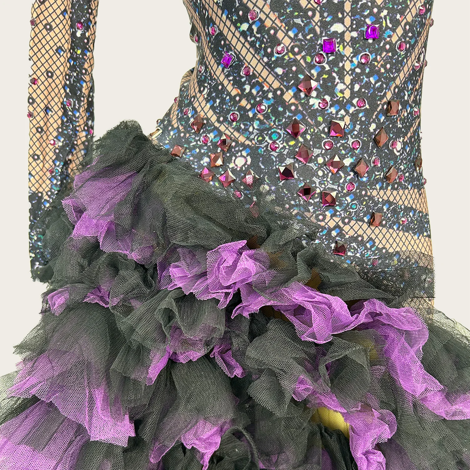 

Spandex Elastic Printing Asymmetrical Dress Birthday Celebrate Party tutu Pleated Purple Rhinestone Sparkly Dance Outfit Zixia