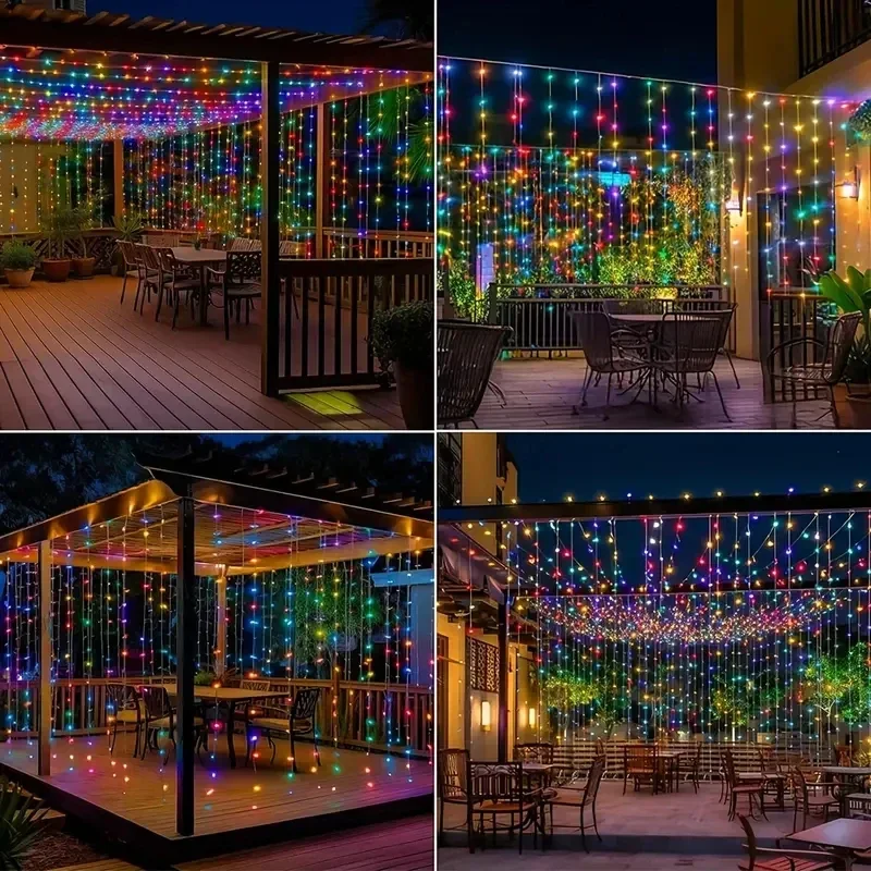 Imagem -04 - Solar Waterfall Curtain Light Outdoor Christmas Curtain String Fairy Guirlanda Decoração do Casamento Decoração de Festa de Aniversário