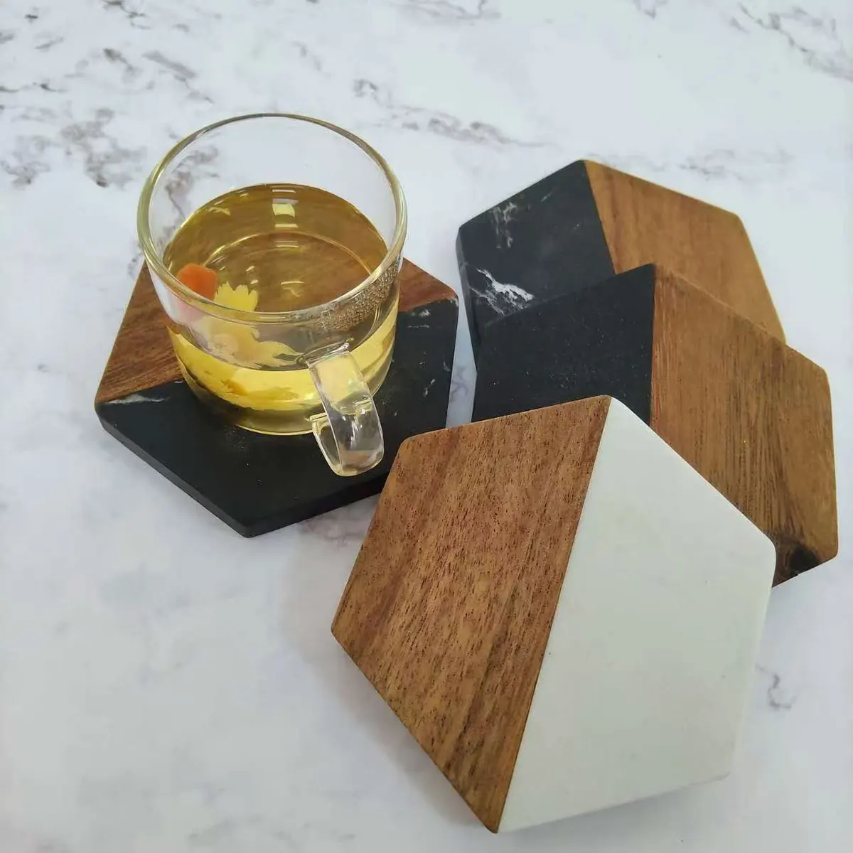

Hexagonal Marble & Acacia Wood Tea Cup Mat, Insulated Creative Coffee Bar Table Decor, Simple Household Trivet