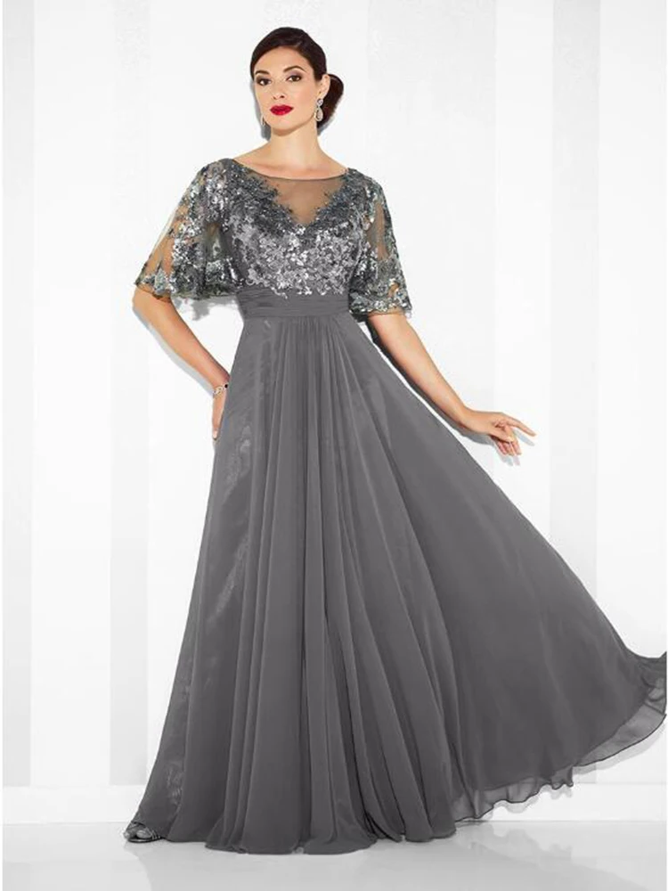 Charming Gray Sequined Boat Neck Mother of the Bride Dresses Half Sleeve Chiffon Back Out Wedding Party Gowns 2021 New Arrival