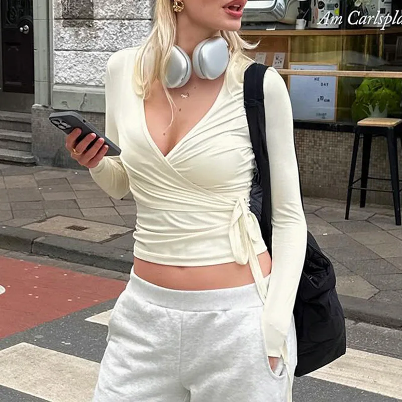 

Street Style Basics Sexy Cross V-neck Long Sleeve T-shirt Spring Hottie Everything with Waist Strap Top