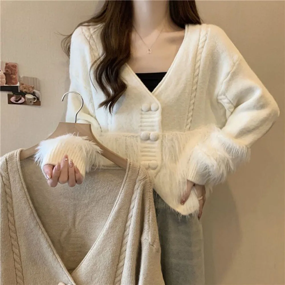 2023 Autumn/winter New Oversized Pullovers Women's Long Sleeved Fashion V-neck Cardigan Fringe Patchwork Knitted Sweater Jacket