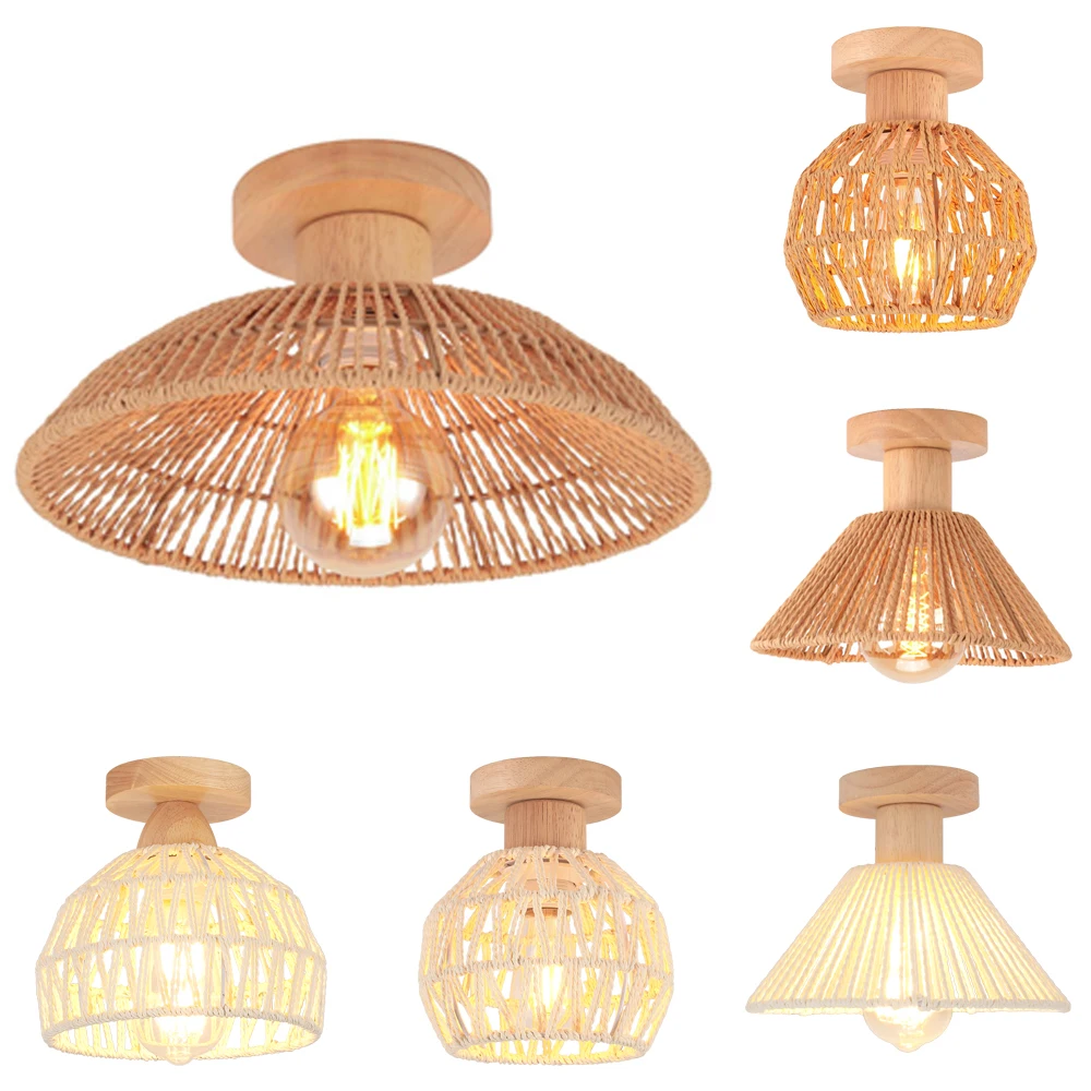 حبل القنب ضوء السقف الثريا المنسوجة يدويا الروطان النسيج مصباح السقف غرفة المعيشة غرفة نوم ديكور المنزل تركيبة إضاءة E27