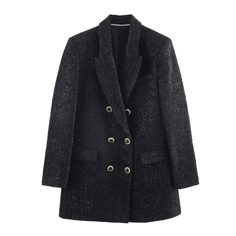 Elegant Office Wear for Cross-Border E-Commerce Women's Black Tweed Double-Breasted Blazer, Sparkly Tweed Jacket