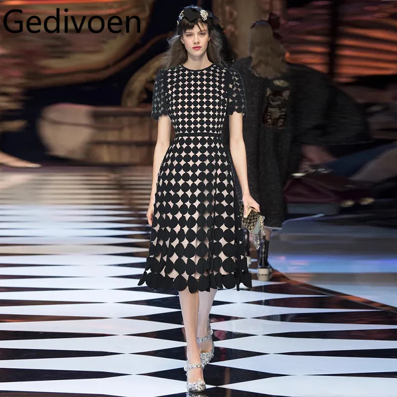 

Gedivoen Women's Short Sleeve Hollow Grid Printed Fairy Style Fashion High Quality Dress 2025