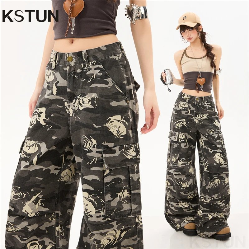 KSTUN Women's Wide Leg Cargo Pants Loose Baggy Pants Camouflage Printed Outdoor Work Pants Vintage Female Multi-pockets Trousers