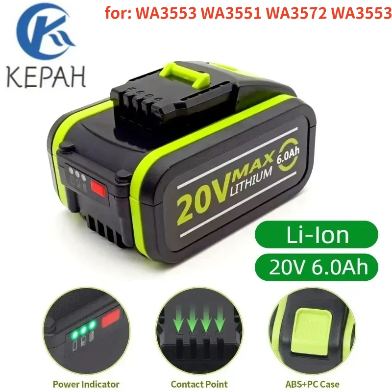 

20V6000mAh lithium-ion battery suitable for WA3553 WA3551 WA3572 WA3553 WX390 WA3551 WX176 WX178 WU268 drilled battery