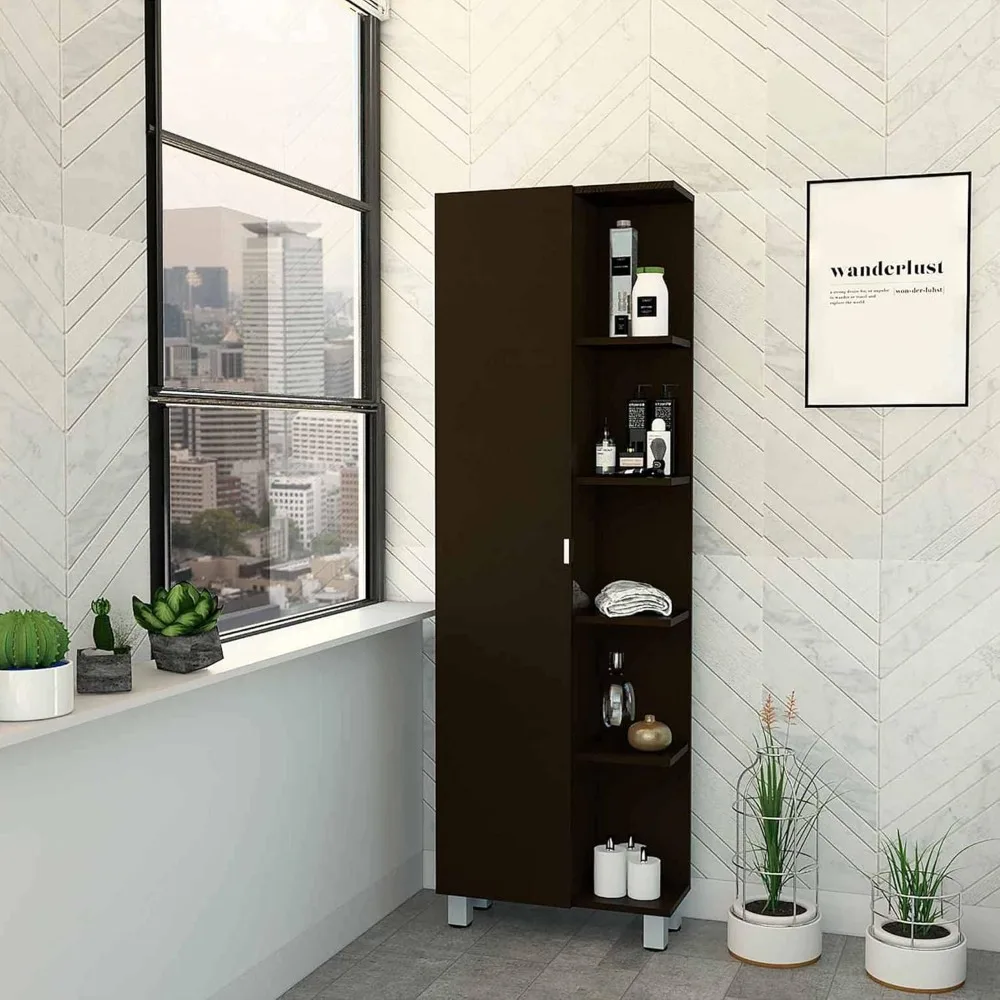 

Maximize Storage with Tall Cabinet, 5 Open Shelves, Modern Design for Bathroom or Closet, Black Wengue