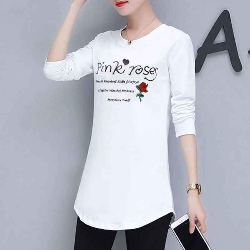 2023 New Spring and Autumn Fashion Mid Length Round Neck Solid Letter Printing Versatile Casual Simple Commuter Long Sleeve Top