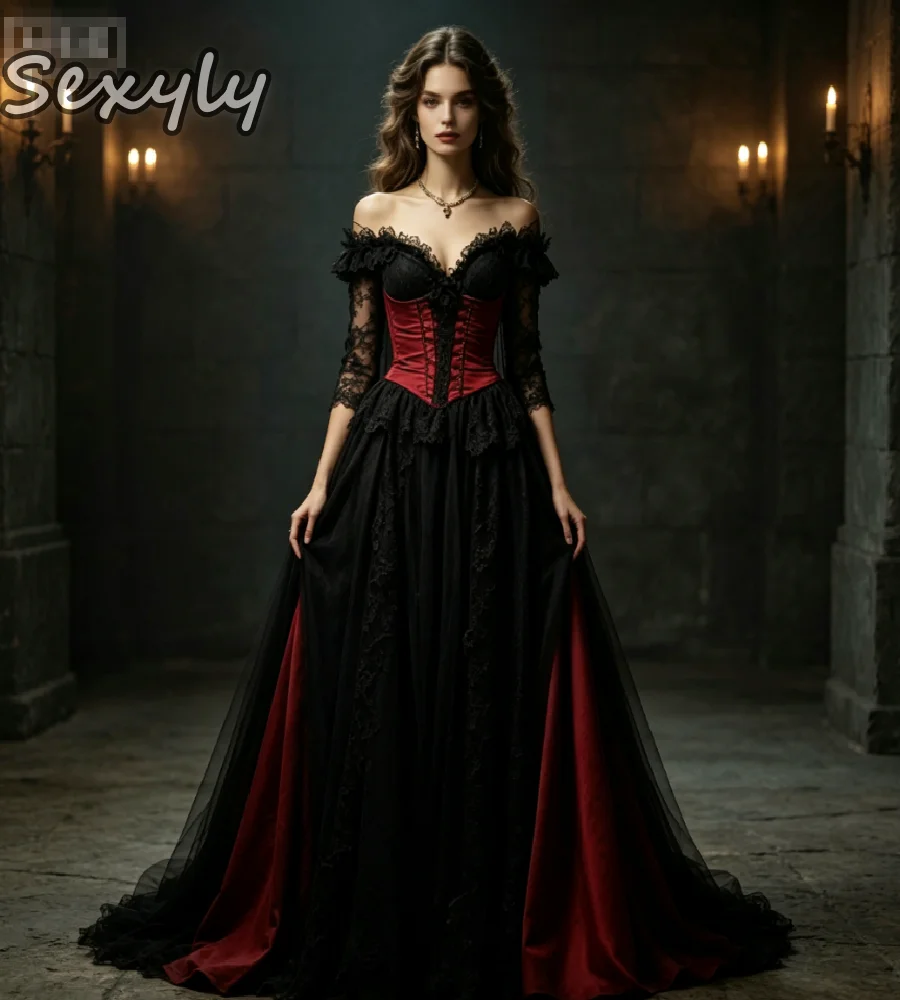 

Retro Red Black Contrast Gothic Wedding Dress Off Shoulders Vampire Halloween Bridal Gowns 2026 Celtic Bohemian Lace Bride