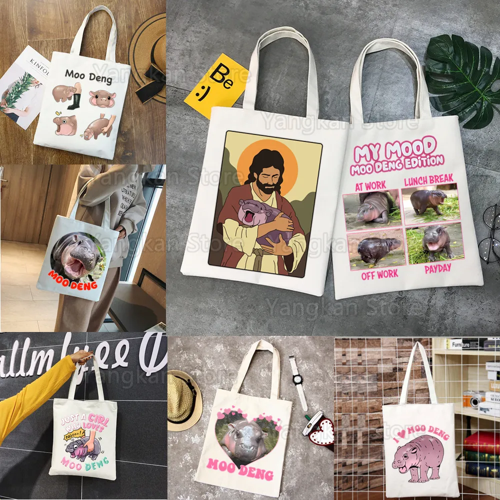 Cute Moo Deng Bouncy Pig Women Men Handbags Canvas Tote Bags Reusable Cotton High Capacity Shopping Bag