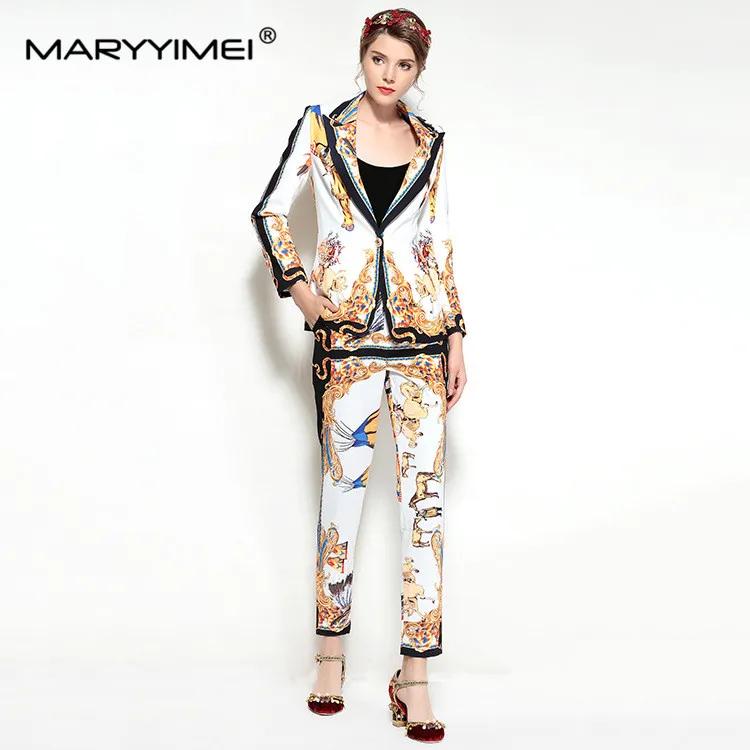 MARYYIMEI Autumn designer Women's Suit Long sleeved suit jacket+trousers Baroque vintage print Two-piece set