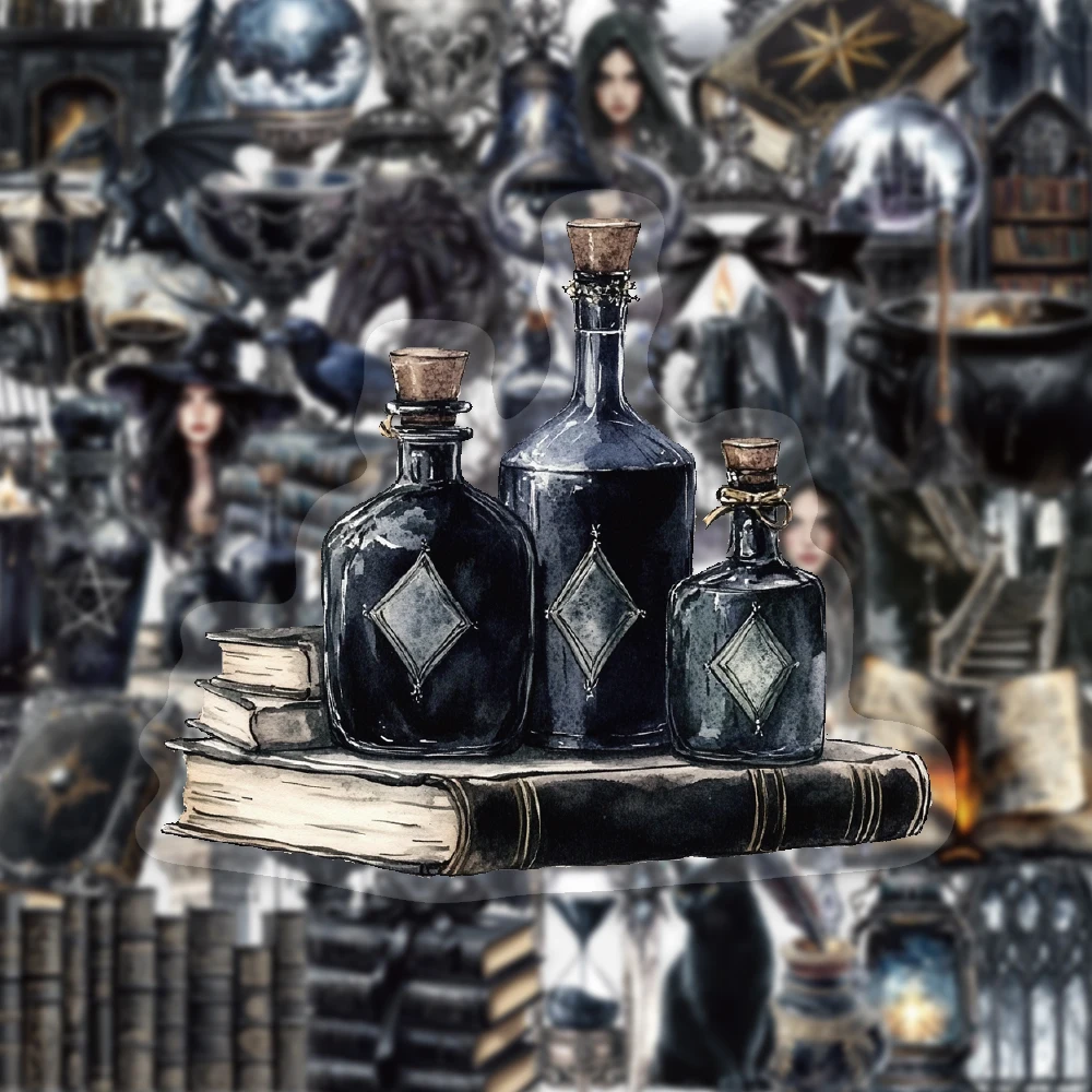 

50PCS Vintage Dark Magic PET Sticker Mysterious Crow Book Crystal Ball Decoration Beauty Notebook Bottle Guitar Skatebook Decal
