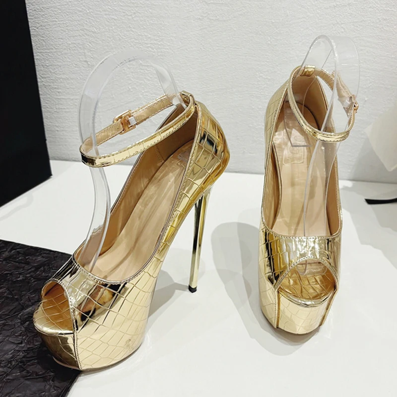 Liyke Sexy Fetish Gold Extreme High Heels Wedding Banquet Shoes Snake Print Leather Peep Toe Buckle Strap Women Platform Pumps