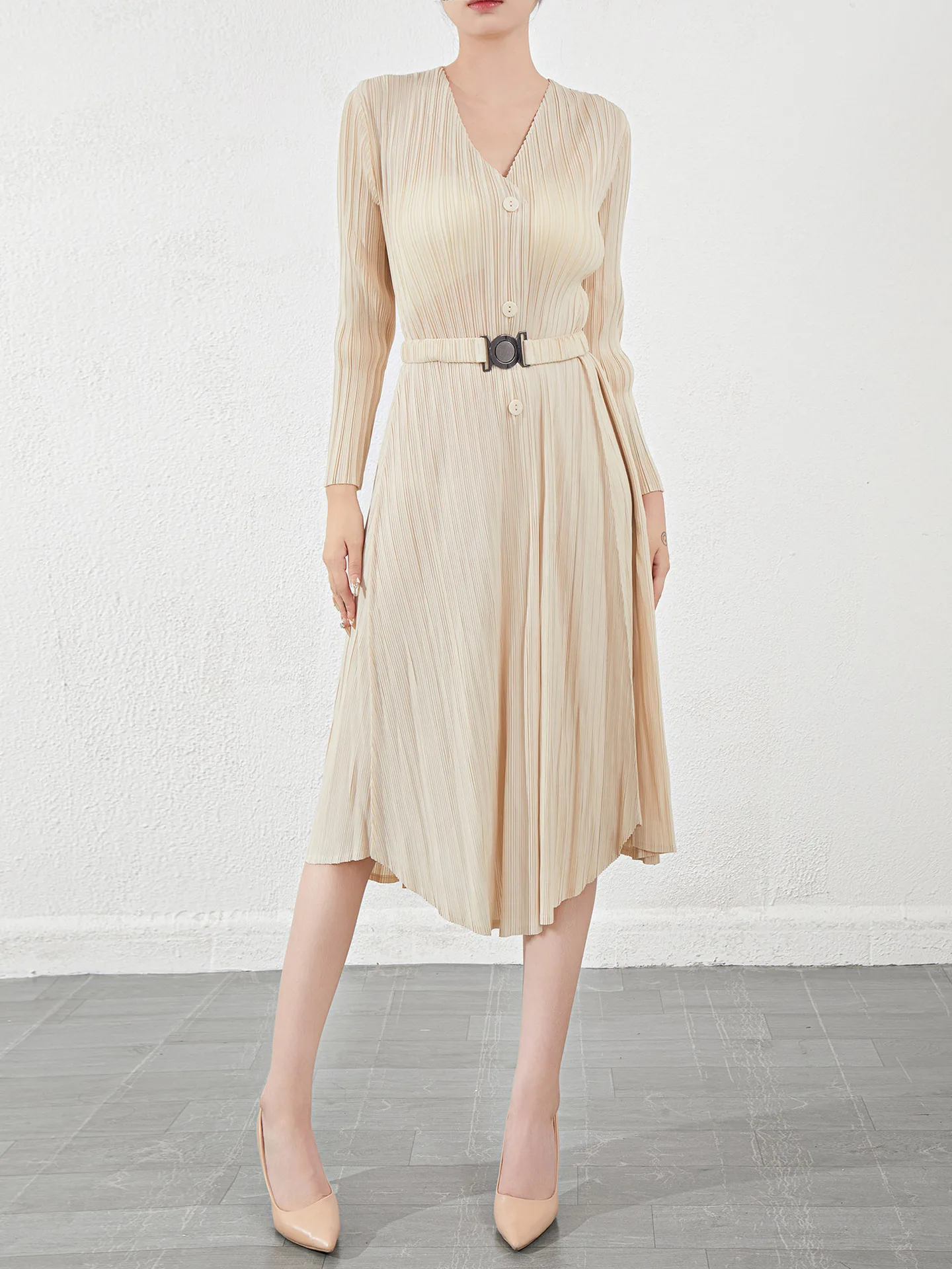 

Pleated Long-sleeved Dress Women's Spring And Autumn 2023 New Elegant High-end Style Waisted V-neck Long Dress