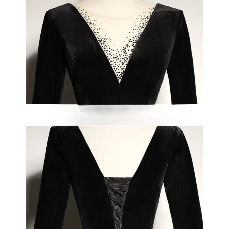 Robe de soirée plissée en velours noir pour femmes, rétro, Sexy, manches longues, col carré, taille haute, queue de poisson, nouvelle collection automne hiver