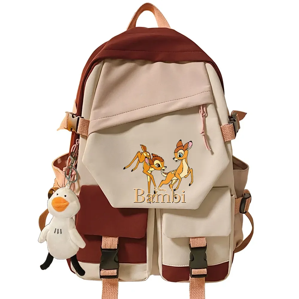 Kawaii Canvas Sacos De Livro Escolar para Teenentes, Patchwork Bagpack para Meninas e Mulheres, Mochila Estudantil, Bambi