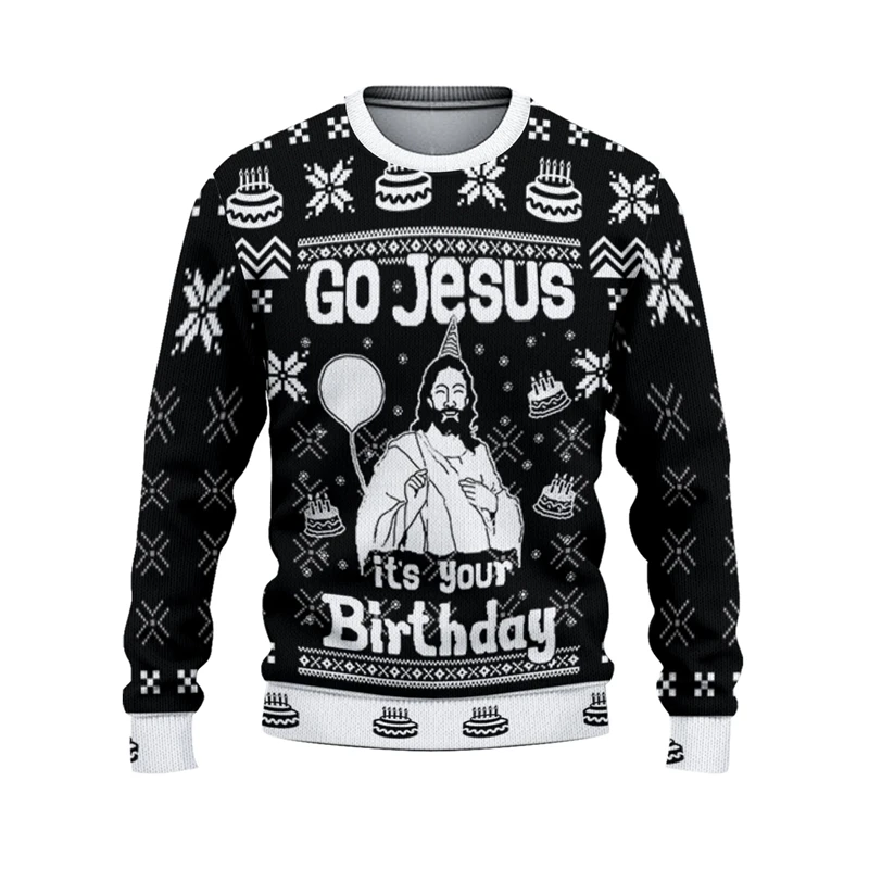 

GO Jesus It's Your Birthday Рождественский свитшот с 3D принтом Фестивальная тема Свободный свитер с круглым вырезом Уродливый свитер С Рождеством Иисус Графика 2026