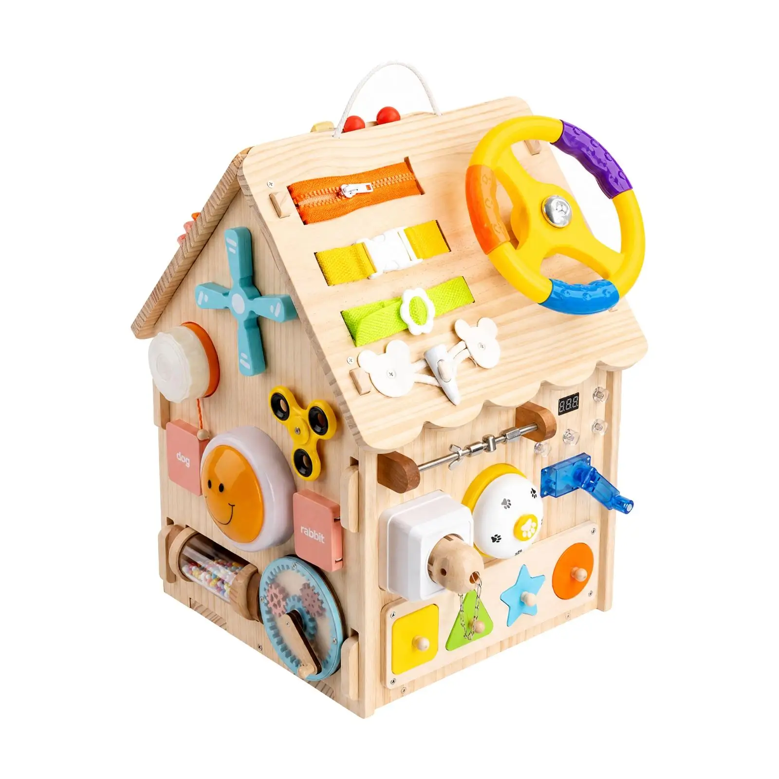 Wooden Busy House for Children Interactive Play Center with Gears Buttons for Kids 3-5 Years Educational Cognitive Toy